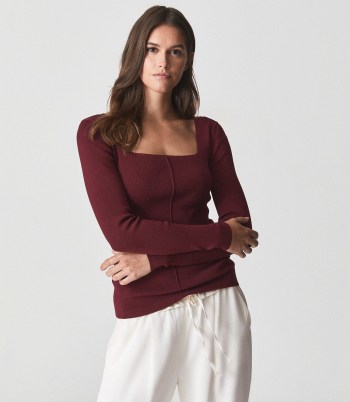 Reiss SEREN SQUARE NECK JERSEY TOP BURGUNDY / deep rich red long sleeve tops / autumn fashion colours - flipped