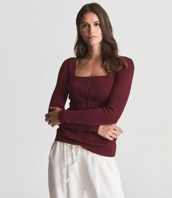 Reiss SEREN SQUARE NECK JERSEY TOP BURGUNDY / deep rich red long sleeve tops / autumn fashion colours