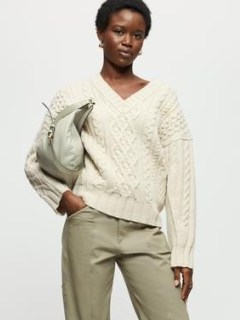Jigsaw Shannon Merino Cable V Jumper in Cream | womens chunky cable knit V-neck jumpers - flipped
