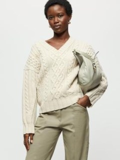 Jigsaw Shannon Merino Cable V Jumper in Cream | womens chunky cable knit V-neck jumpers