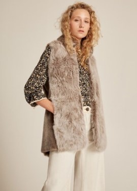 Me and Em Shearling Longline Gilet in Honey ~ long luxe fluffy gilets ~ womens sleeveless winter jackets - flipped