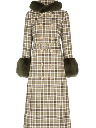 Shrimps Jessie checked hooded coat in avocado green / brown / white ~ chic check print faux fur trim winter coats - flipped