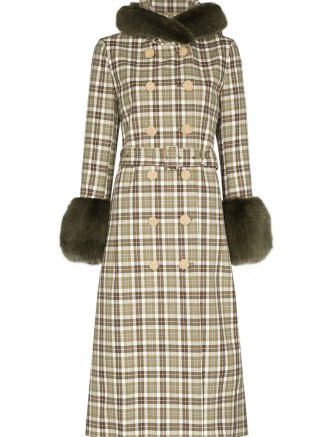 Shrimps Jessie checked hooded coat in avocado green / brown / white ~ chic check print faux fur trim winter coats