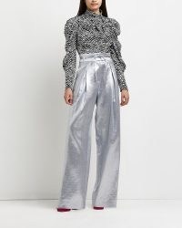 River Island Silver metallic wide leg trousers | retro party pants | 70s vintage style evening fashion