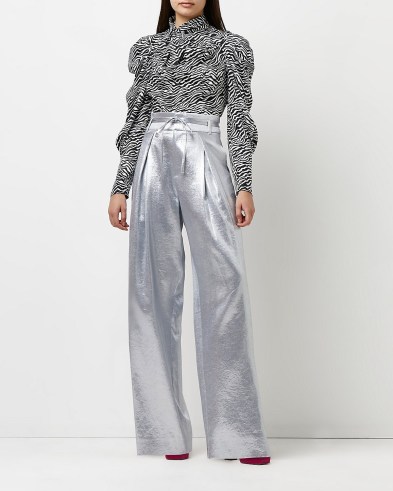 River Island Silver metallic wide leg trousers | retro party pants | 70s vintage style evening fashion - flipped