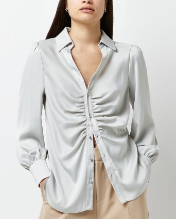 River Island Silver ruched front shirt – luxe style gathered detail shirts - flipped