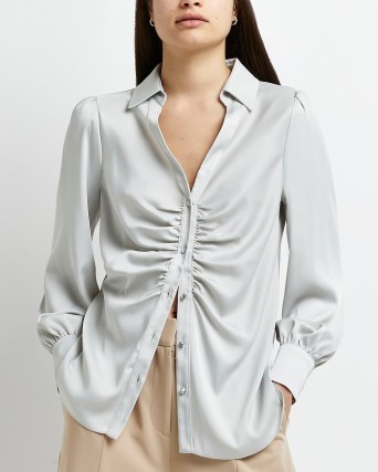 River Island Silver ruched front shirt – luxe style gathered detail shirts