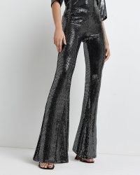 RIVER ISLAND SILVER SEQUIN FLARED TROUSERS / glittering evening flares / glamorous retro pants