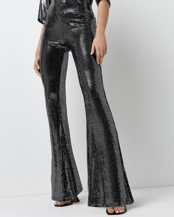 RIVER ISLAND SILVER SEQUIN FLARED TROUSERS / glittering evening flares / glamorous retro pants - flipped