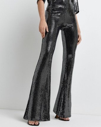 RIVER ISLAND SILVER SEQUIN FLARED TROUSERS / glittering evening flares / glamorous retro pants