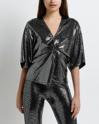 RIVER ISLAND SILVER SEQUIN KNOT FRONT TOP / shimmering sequinned tops / glittering evening fashion