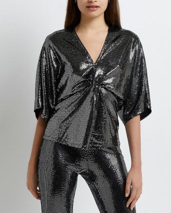 RIVER ISLAND SILVER SEQUIN KNOT FRONT TOP / shimmering sequinned tops / glittering evening fashion