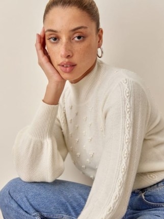Reformation CREAM CABLE KNIT JUMPER in Atctic | luxe style textured jumpers | feminine look knitwear - flipped