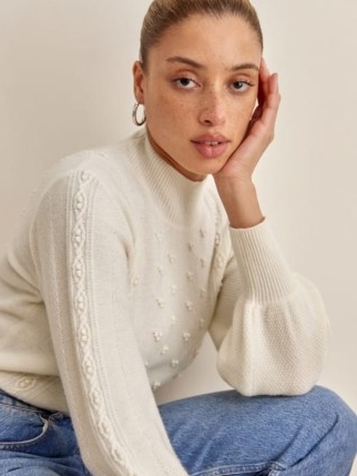 Reformation CREAM CABLE KNIT JUMPER in Atctic | luxe style textured jumpers | feminine look knitwear