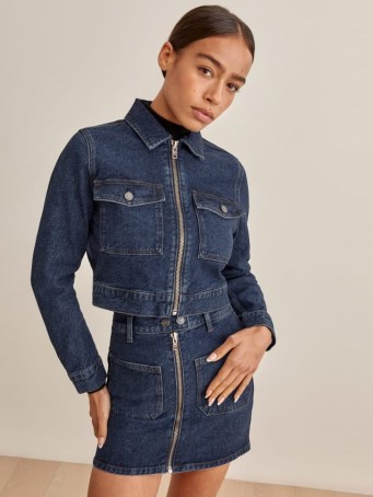 REFORMATION Smith Denim Jacket in Amani ~ cool blue cropped zip front jackets - flipped