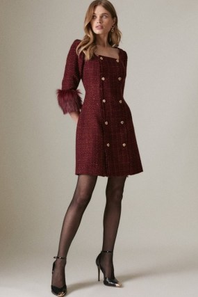 KAREN MILLEN Sparkle Tweed And Faux Fur Cuff Db Mini Dress / glamorous textured square neck dresses / merlot-red autumn and winter fashion - flipped