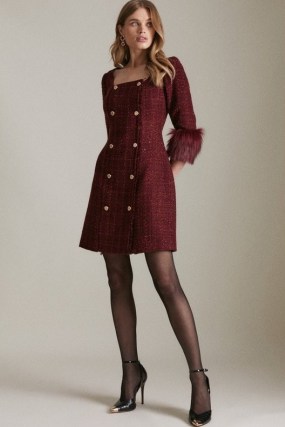 KAREN MILLEN Sparkle Tweed And Faux Fur Cuff Db Mini Dress / glamorous textured square neck dresses / merlot-red autumn and winter fashion