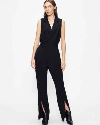 Ted Baker MONNII Split Hem Jumpsuit in Black | sleeveless wrap style jumpsuits | all-in-one evening fashion - flipped
