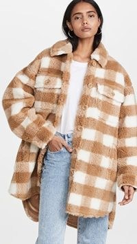 STAND STUDIO Sabi Jacket in Nougat/White / womens checked faux shearling shirt jackets / women’s textured oversized shackets