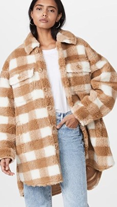 STAND STUDIO Sabi Jacket in Nougat/White / womens checked faux shearling shirt jackets / women’s textured oversized shackets - flipped