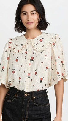 Stella Nova Sassi Top in Creme Cherries / feminine oversized collar cherry print tops / fruit prints