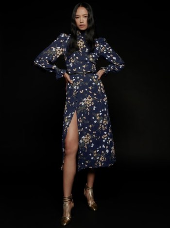 Reformation Stevi Dress in Gemini | long sleeve high neck thigh high split hem dresses | puff sleeve floral fashion - flipped