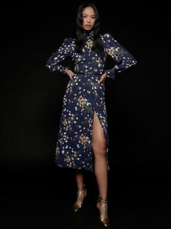 Reformation Stevi Dress in Gemini | long sleeve high neck thigh high split hem dresses | puff sleeve floral fashion