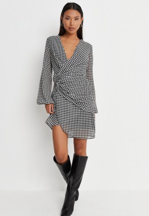 MISSGUIDED tall black long sleeve houndstooth v neck ring detail dress / dogtooth check wrap style dresses / checked asymmetric fashion - flipped
