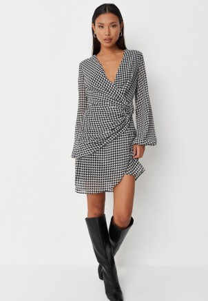 MISSGUIDED tall black long sleeve houndstooth v neck ring detail dress / dogtooth check wrap style dresses / checked asymmetric fashion