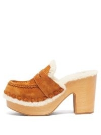 CHLOÉ Joy shearling-lined tan suede clogs | brown retro clog style mules | womens vintage inspired chunky wooden shoes