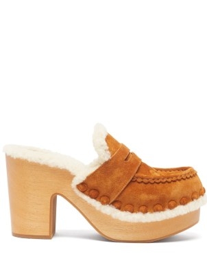 CHLOÉ Joy shearling-lined tan suede clogs | brown retro clog style mules | womens vintage inspired chunky wooden shoes - flipped