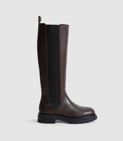 REISS THEA KNEE HIGH LEATHER BOOTS CHOCOLATE ~ womens dark brown thick rubber commando sole knee high boots ~ women’s winter footwear - flipped