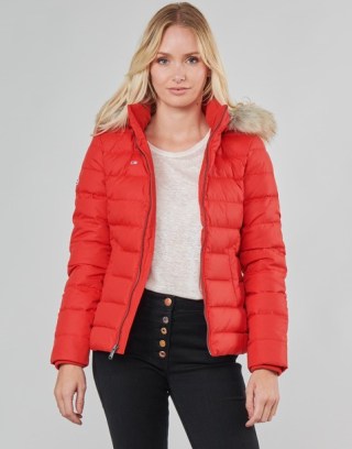 TOMMY JEANS TJW BASIC HOODED DOWN JACKET in Red ~ womens padded faux fur hood lined winter jackets ~ spartoo women’s outerwear - flipped