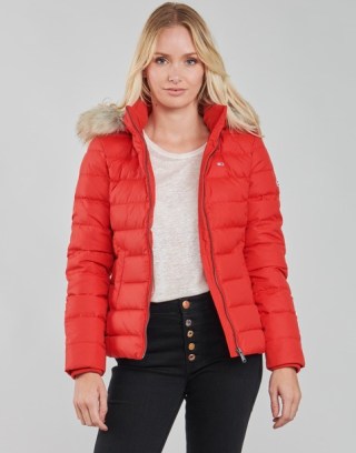 TOMMY JEANS TJW BASIC HOODED DOWN JACKET in Red ~ womens padded faux fur hood lined winter jackets ~ spartoo women’s outerwear