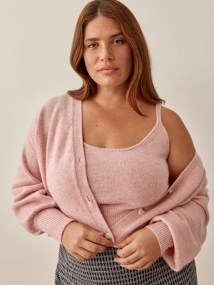 REFORMATION Varenne Cashmere Tank And Cardi Set Es in Blush ~ pink knitted strappy top and cardigan sets ~ knitwear fashion co-ords