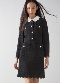 L.K. BENNETT VENICE BLACK TWEED SCALLOP EDGE DRESS ~ chic scalloped trim contrast collar dresses ~ textured fabric fashion