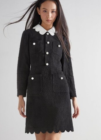 L.K. BENNETT VENICE BLACK TWEED SCALLOP EDGE DRESS ~ chic scalloped trim contrast collar dresses ~ textured fabric fashion - flipped