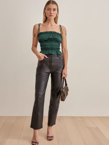 REFORMATION Viviana Top in Forest ~ green silk spaghetti strap smocked bodice tops - flipped