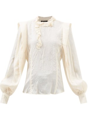 ISABEL MARANT Chandra ivory ruffled crinkled-silk blouse – vintage inspired ruffle detail balloon sleeve blouses - flipped