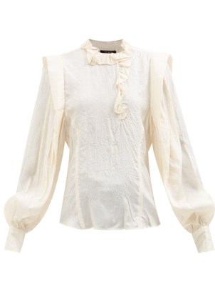 ISABEL MARANT Chandra ivory ruffled crinkled-silk blouse – vintage inspired ruffle detail balloon sleeve blouses
