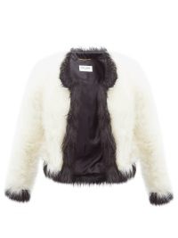 SAINT LAURENT White contrast-trim faux-fur jacket / luxe monochrome winter jackets / womens luxury outerwear / occasion glamour / glamorous evening occasionwear