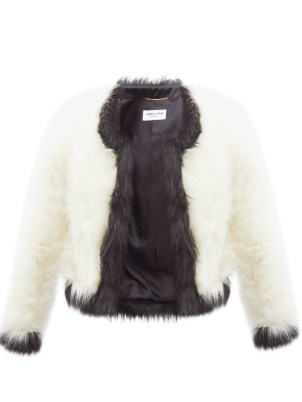 SAINT LAURENT White contrast-trim faux-fur jacket / luxe monochrome winter jackets / womens luxury outerwear / occasion glamour / glamorous evening occasionwear - flipped