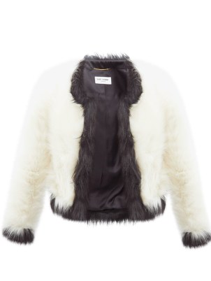 SAINT LAURENT White contrast-trim faux-fur jacket / luxe monochrome winter jackets / womens luxury outerwear / occasion glamour / glamorous evening occasionwear