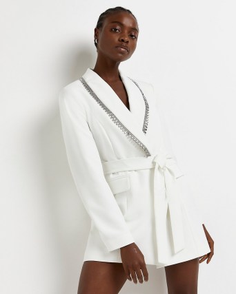 River Island White diamante belted longline blazer dress – luxe style jacket inspired dresses – glamorous evening fashion