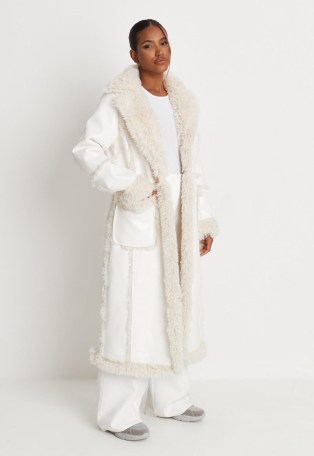 MISSGUIDED white faux leather maxi aviator coat ~ luxe style faux fur longline coats ~ women’s vintage style winter outerwear ~ womens retro fashion - flipped