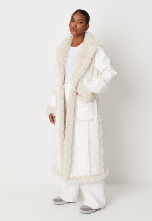 MISSGUIDED white faux leather maxi aviator coat ~ luxe style faux fur longline coats ~ women’s vintage style winter outerwear ~ womens retro fashion