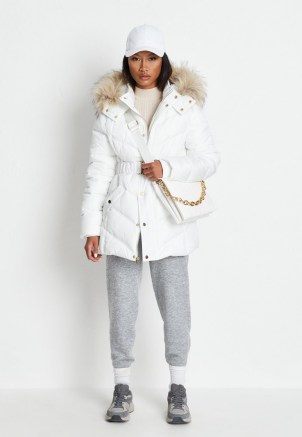 MISSGUIDED white gold trim belted faux fur hooded puffer jacket ~ padded luxe style winter jackets - flipped