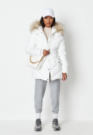 MISSGUIDED white gold trim belted faux fur hooded puffer jacket ~ padded luxe style winter jackets