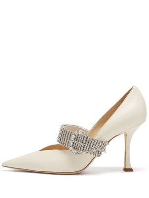 JIMMY CHOO Kari 90 crystal-strap white-leather pumps / pointed toe court shoes embellished with crystals / luxe courts - flipped