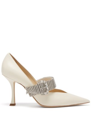 JIMMY CHOO Kari 90 crystal-strap white-leather pumps / pointed toe court shoes embellished with crystals / luxe courts